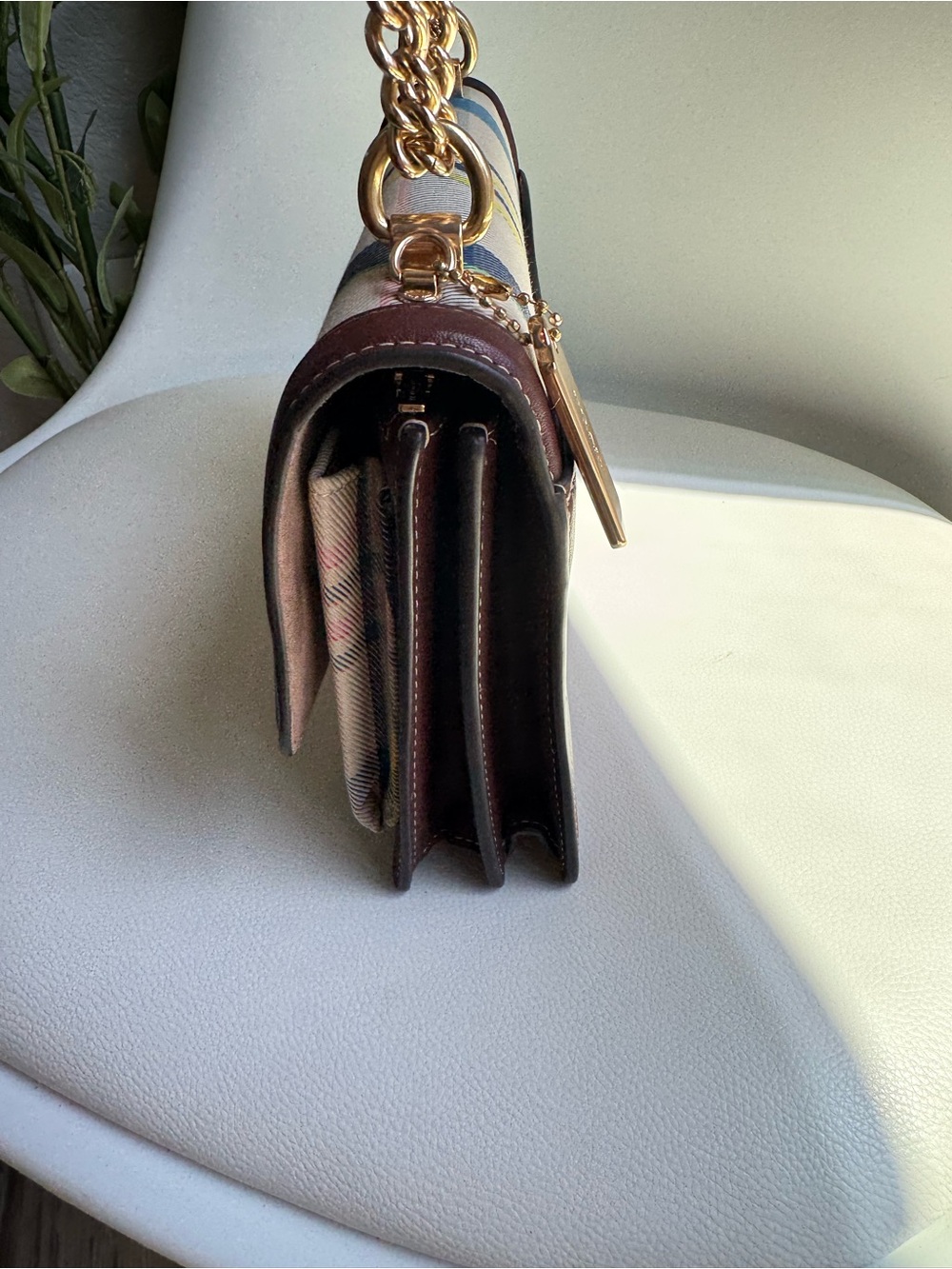 Coach Klare CBI66 Plaid Chain Shoulder Crossbody Bag Cream Brown Leather - Picture 5 of 9